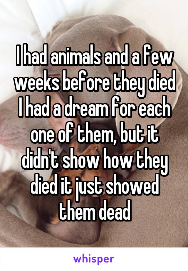 I had animals and a few weeks before they died I had a dream for each one of them, but it didn't show how they died it just showed them dead