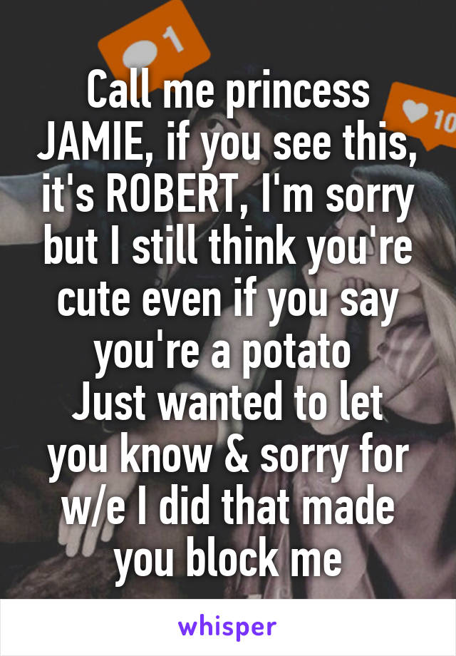 Call me princess JAMIE, if you see this, it's ROBERT, I'm sorry but I still think you're cute even if you say you're a potato 
Just wanted to let you know & sorry for w/e I did that made you block me