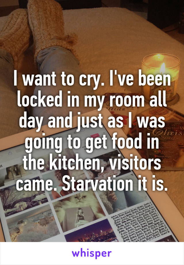 I want to cry. I've been locked in my room all day and just as I was going to get food in the kitchen, visitors came. Starvation it is.