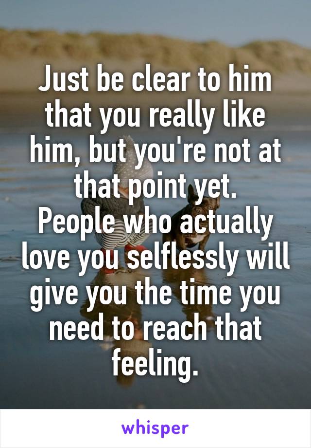 Just be clear to him that you really like him, but you're not at that point yet.
People who actually love you selflessly will give you the time you need to reach that feeling.
