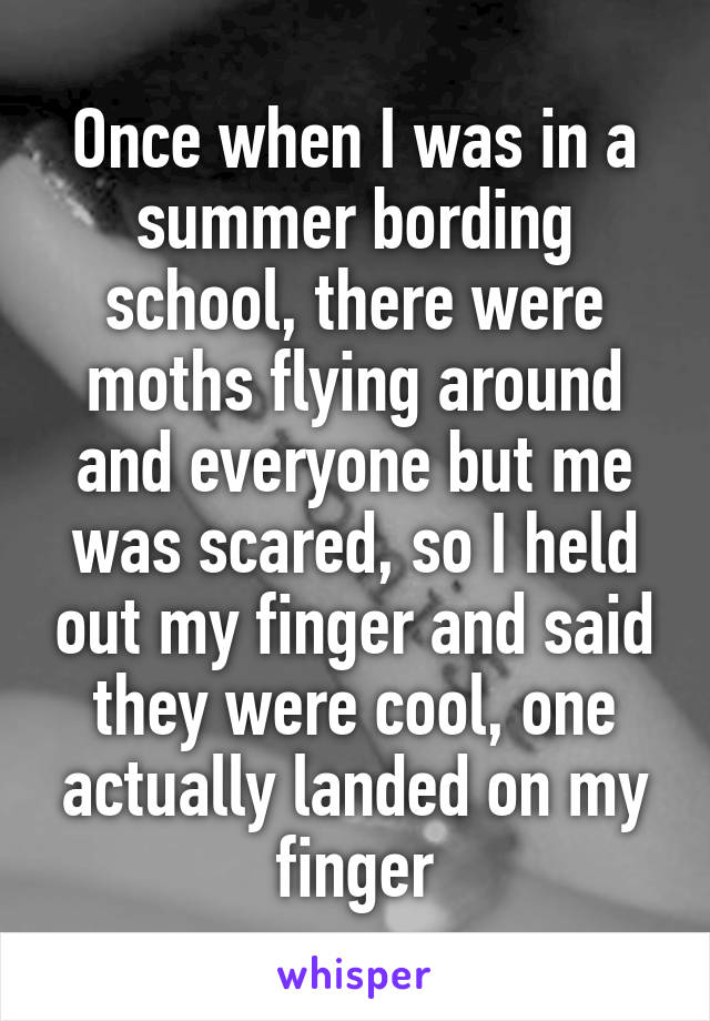 Once when I was in a summer bording school, there were moths flying around and everyone but me was scared, so I held out my finger and said they were cool, one actually landed on my finger