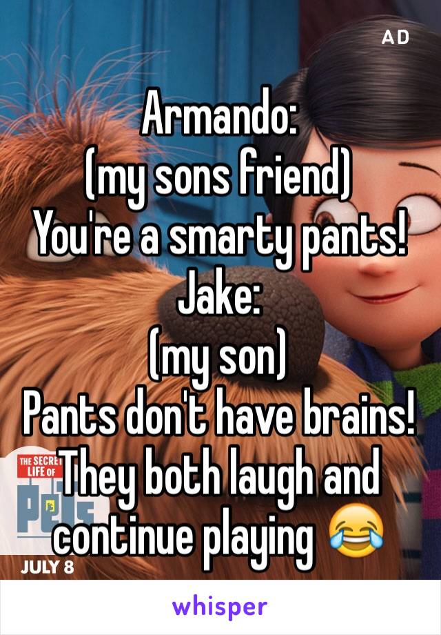 Armando:
(my sons friend)
You're a smarty pants!
Jake:
(my son)
Pants don't have brains!
They both laugh and continue playing 😂