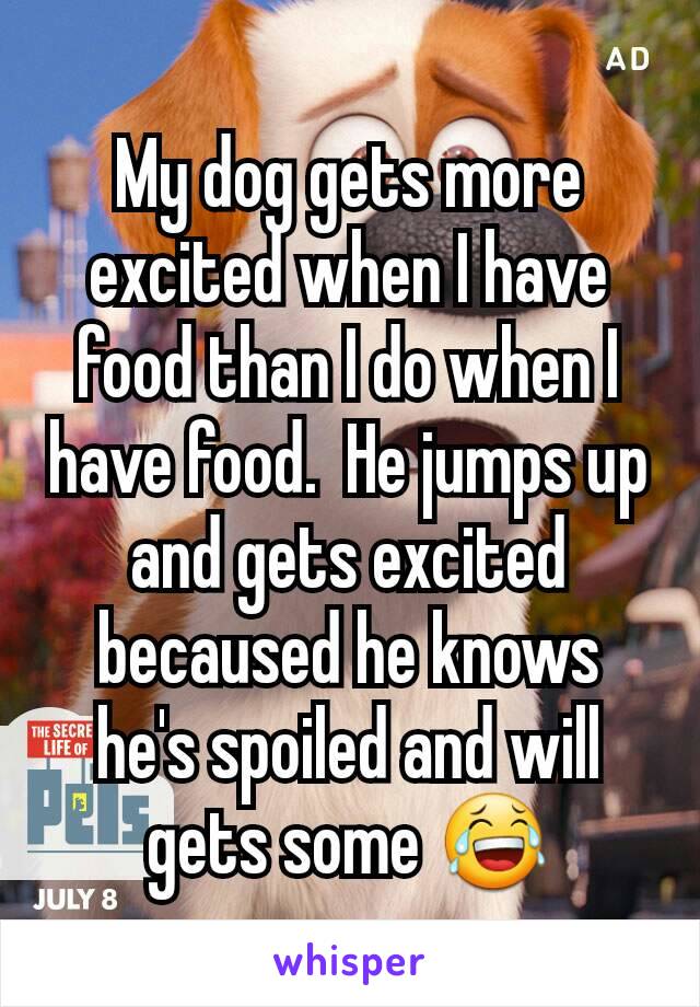 My dog gets more excited when I have food than I do when I have food.  He jumps up and gets excited becaused he knows he's spoiled and will gets some 😂