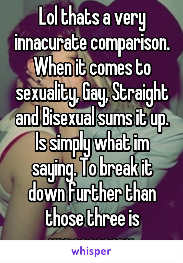 Lol thats a very innacurate comparison. When it comes to sexuality, Gay, Straight and Bisexual sums it up. Is simply what im saying. To break it down further than those three is unneccesary.