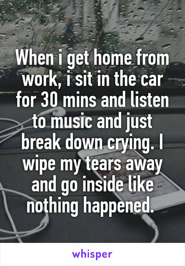 When i get home from work, i sit in the car for 30 mins and listen to music and just break down crying. I wipe my tears away and go inside like nothing happened. 