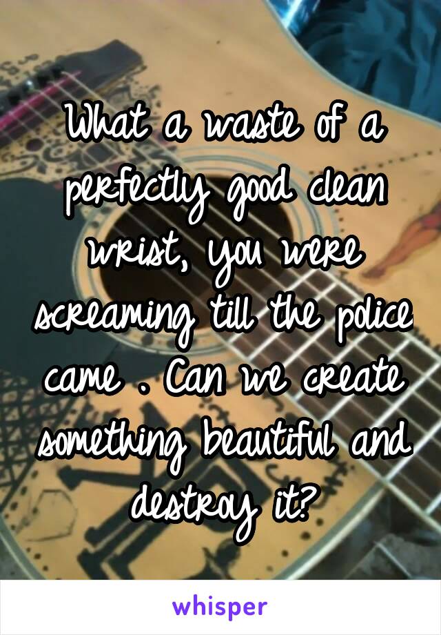 What a waste of a perfectly good clean wrist, you were screaming till the police came . Can we create something beautiful and destroy it?