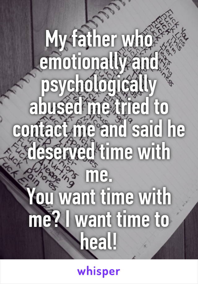 My father who emotionally and psychologically abused me tried to contact me and said he deserved time with me.
You want time with me? I want time to heal!