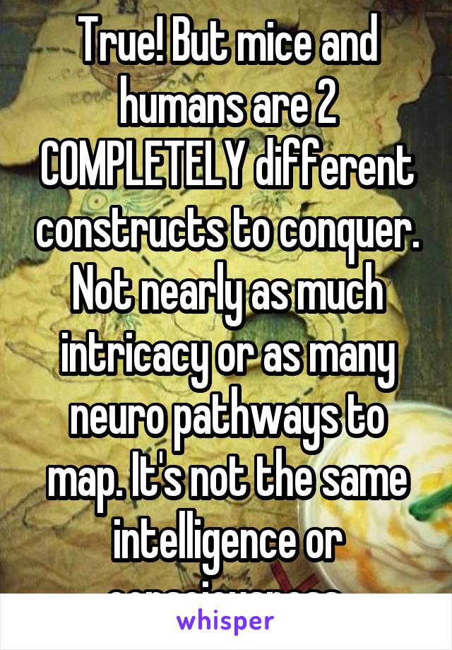 True! But mice and humans are 2 COMPLETELY different constructs to conquer. Not nearly as much intricacy or as many neuro pathways to map. It's not the same intelligence or consciousness 