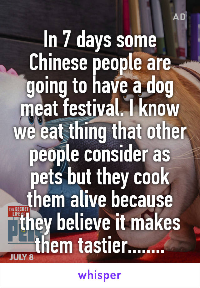 In 7 days some Chinese people are going to have a dog meat festival. I know we eat thing that other people consider as pets but they cook them alive because they believe it makes them tastier........