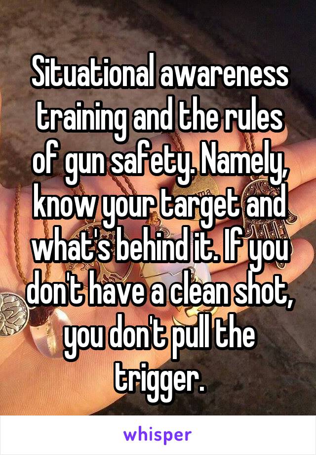 Situational awareness training and the rules of gun safety. Namely, know your target and what's behind it. If you don't have a clean shot, you don't pull the trigger.