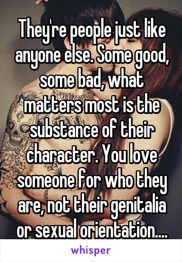 They're people just like anyone else. Some good, some bad, what matters most is the substance of their character. You love someone for who they are, not their genitalia or sexual orientation....