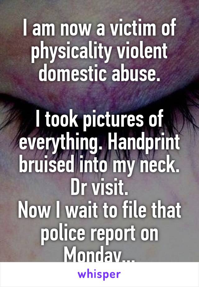 I am now a victim of physicality violent domestic abuse.

I took pictures of everything. Handprint bruised into my neck. Dr visit.
Now I wait to file that police report on Monday...
