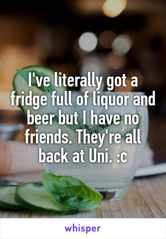 I've literally got a fridge full of liquor and beer but I have no friends. They're all back at Uni. :c
