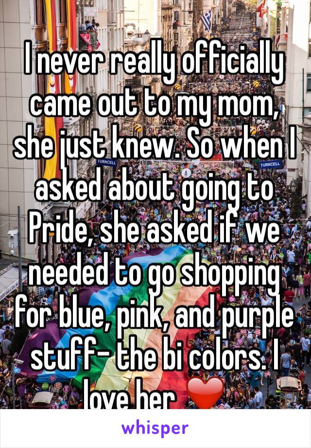 I never really officially came out to my mom, she just knew. So when I asked about going to Pride, she asked if we needed to go shopping for blue, pink, and purple stuff- the bi colors. I love her ❤️
