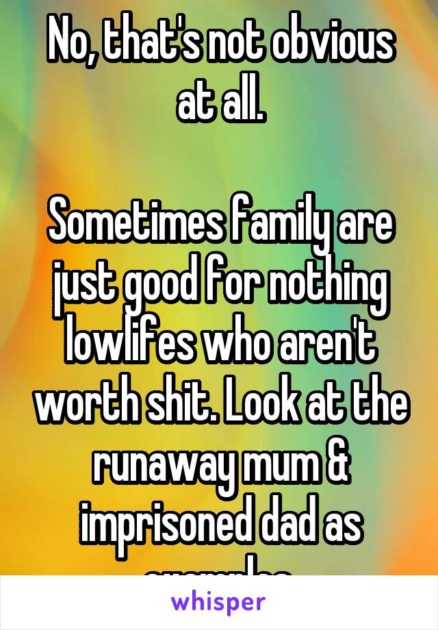 No, that's not obvious at all.

Sometimes family are just good for nothing lowlifes who aren't worth shit. Look at the runaway mum & imprisoned dad as examples.