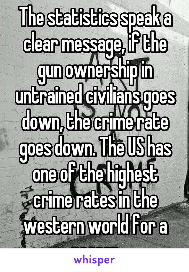 The statistics speak a clear message, if the gun ownership in untrained civilians goes down, the crime rate goes down. The US has one of the highest crime rates in the western world for a reason