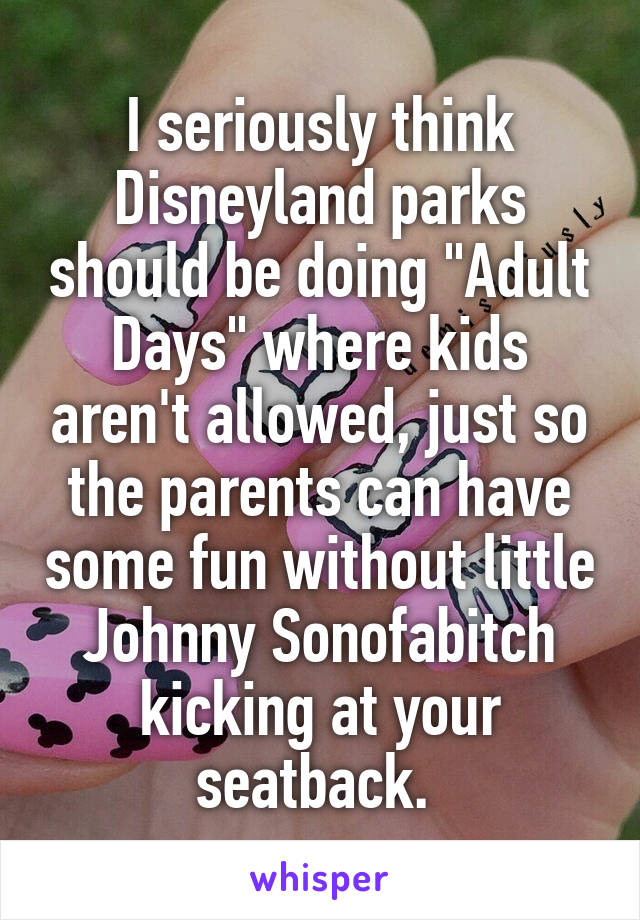 I seriously think Disneyland parks should be doing "Adult Days" where kids aren't allowed, just so the parents can have some fun without little Johnny Sonofabitch kicking at your seatback. 