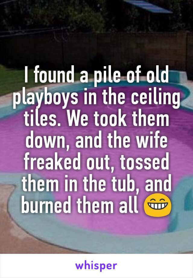 I found a pile of old playboys in the ceiling tiles. We took them down, and the wife freaked out, tossed them in the tub, and burned them all 😁