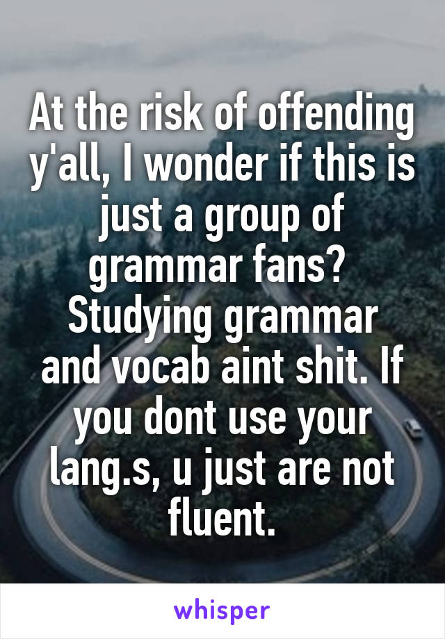 At the risk of offending y'all, I wonder if this is just a group of grammar fans? 
Studying grammar and vocab aint shit. If you dont use your lang.s, u just are not fluent.