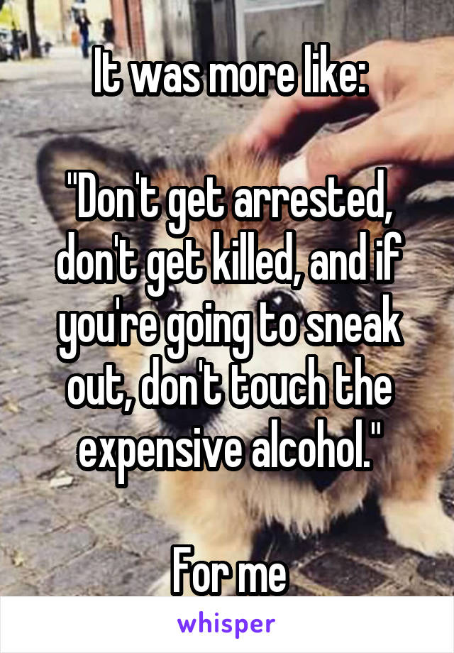 It was more like:

"Don't get arrested, don't get killed, and if you're going to sneak out, don't touch the expensive alcohol."

For me