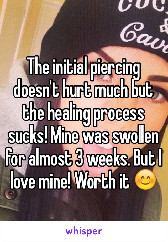 The initial piercing doesn't hurt much but the healing process sucks! Mine was swollen for almost 3 weeks. But I love mine! Worth it 😊