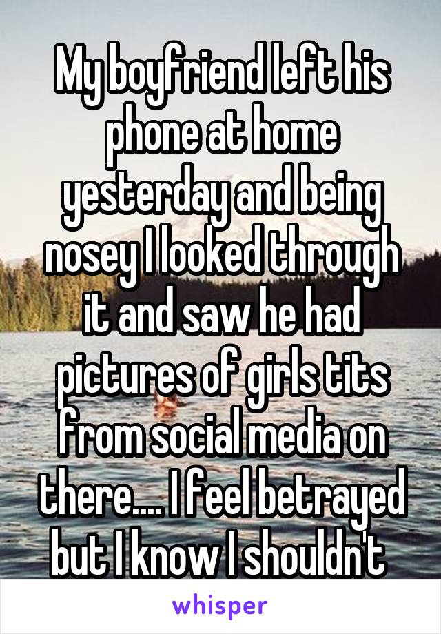 My boyfriend left his phone at home yesterday and being nosey I looked through it and saw he had pictures of girls tits from social media on there.... I feel betrayed but I know I shouldn't 