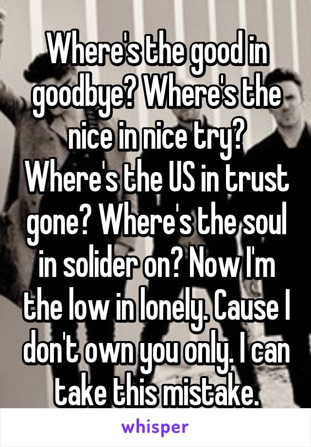 Where's the good in goodbye? Where's the nice in nice try? Where's the US in trust gone? Where's the soul in solider on? Now I'm the low in lonely. Cause I don't own you only. I can take this mistake.