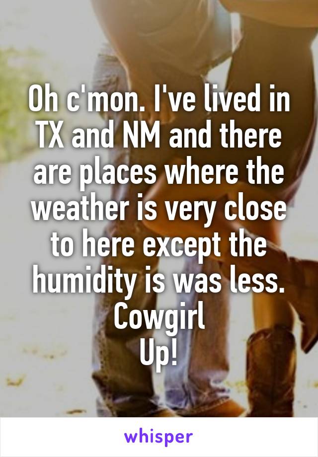 Oh c'mon. I've lived in TX and NM and there are places where the weather is very close to here except the humidity is was less. Cowgirl
Up!