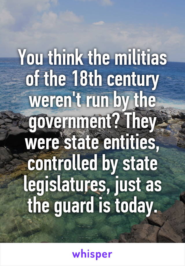 You think the militias of the 18th century weren't run by the government? They were state entities, controlled by state legislatures, just as the guard is today.