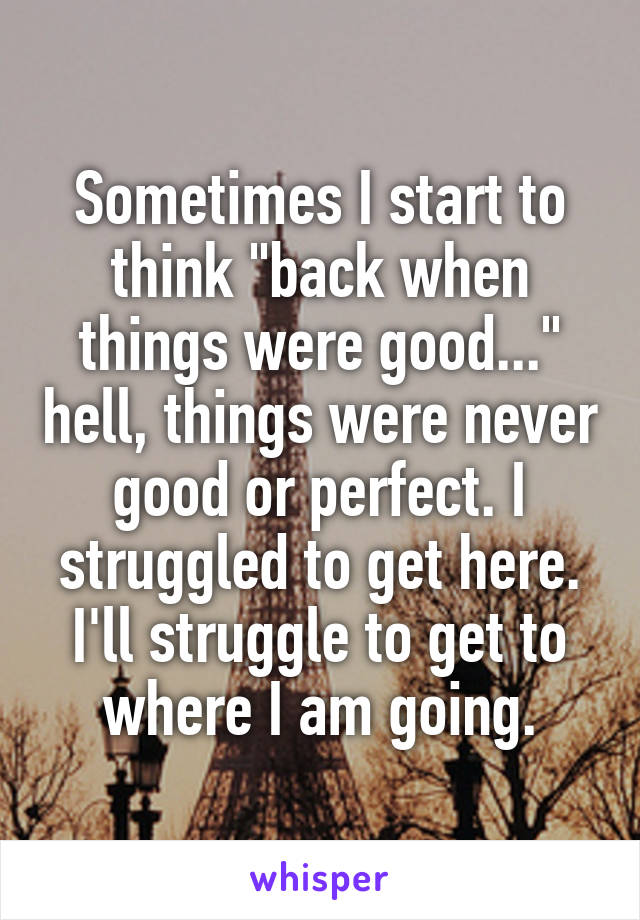 Sometimes I start to think "back when things were good..." hell, things were never good or perfect. I struggled to get here. I'll struggle to get to where I am going.