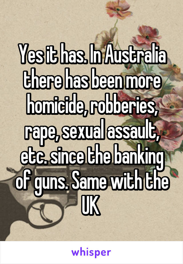 Yes it has. In Australia there has been more homicide, robberies, rape, sexual assault, etc. since the banking of guns. Same with the UK 