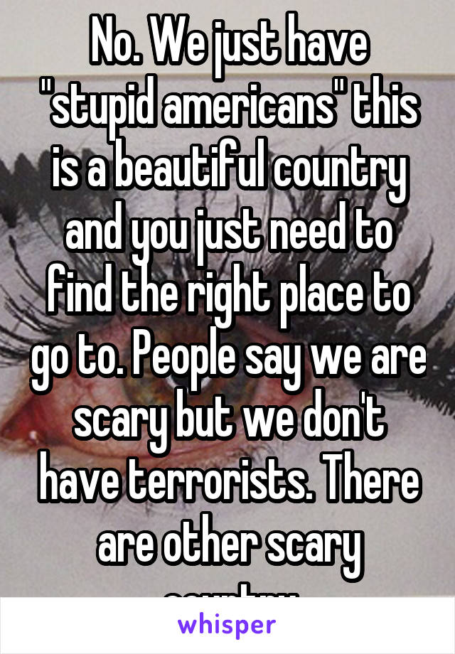 No. We just have "stupid americans" this is a beautiful country and you just need to find the right place to go to. People say we are scary but we don't have terrorists. There are other scary country