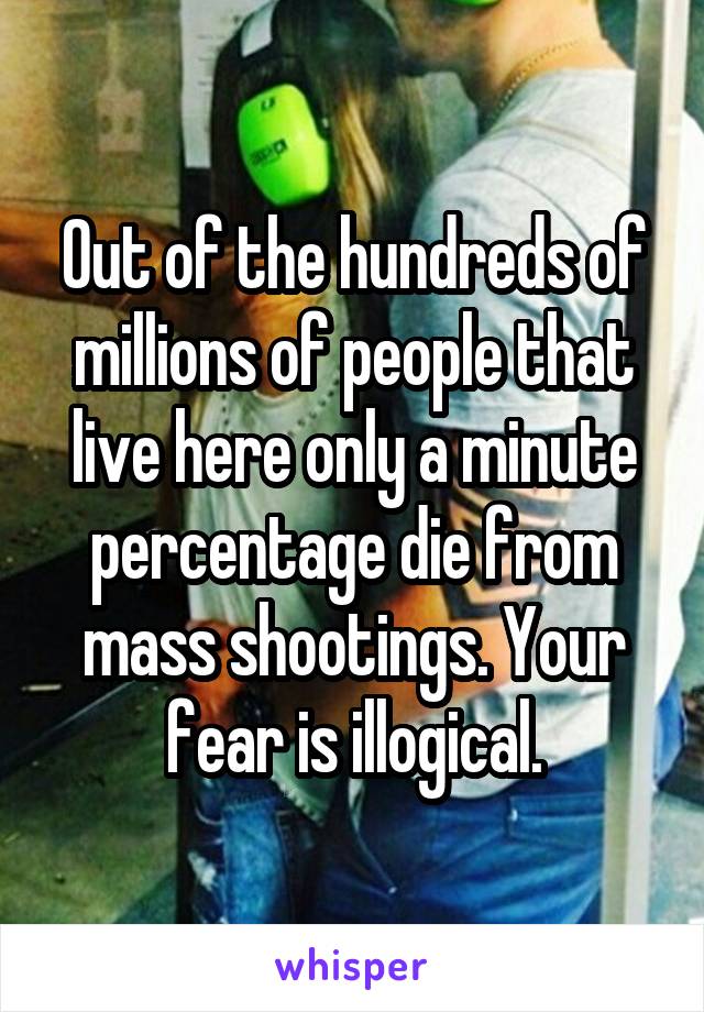 Out of the hundreds of millions of people that live here only a minute percentage die from mass shootings. Your fear is illogical.