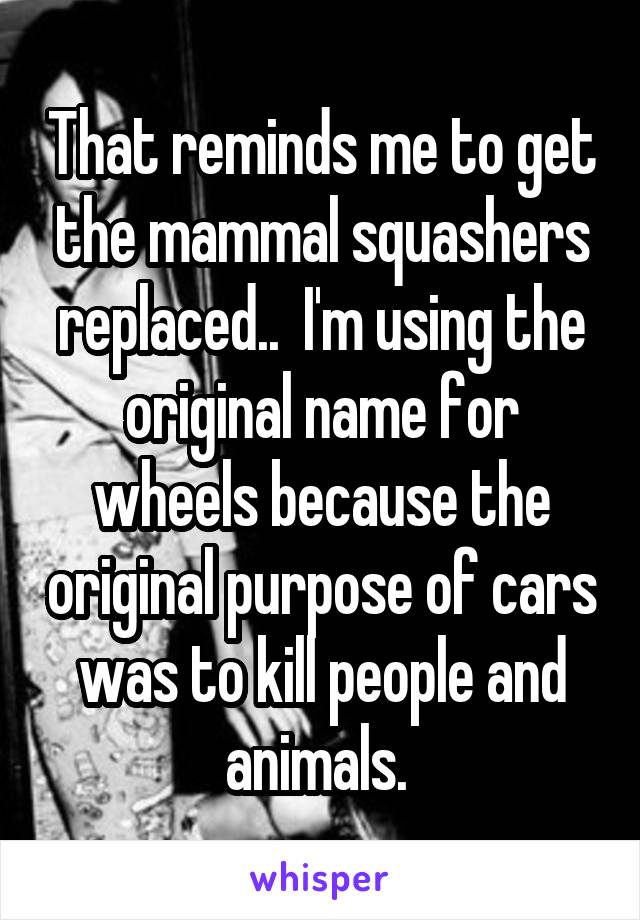 That reminds me to get the mammal squashers replaced..  I'm using the original name for wheels because the original purpose of cars was to kill people and animals. 