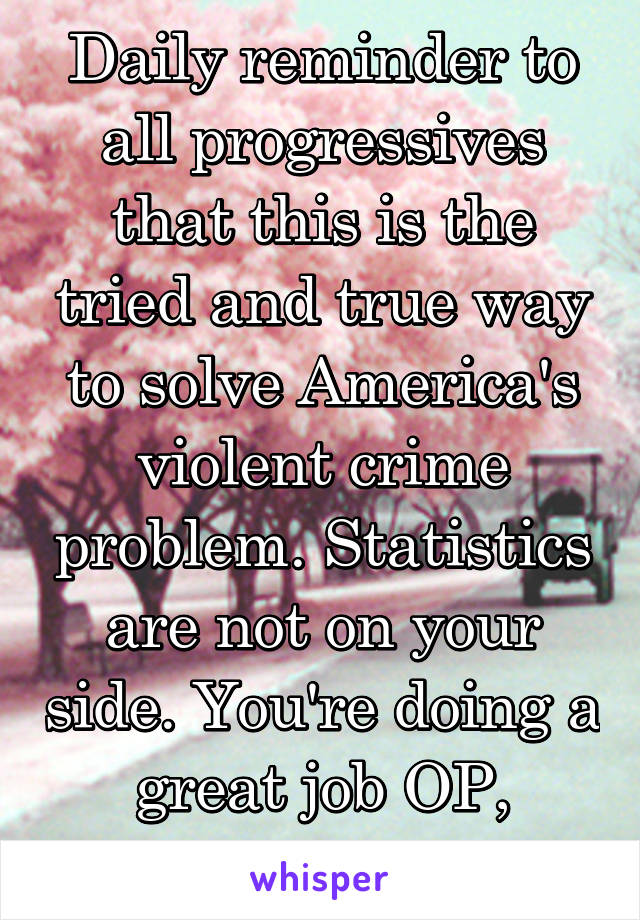 Daily reminder to all progressives that this is the tried and true way to solve America's violent crime problem. Statistics are not on your side. You're doing a great job OP, thank you. 