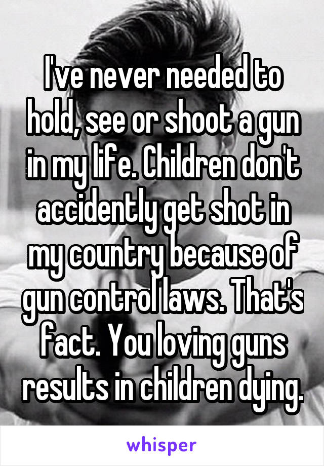 I've never needed to hold, see or shoot a gun in my life. Children don't accidently get shot in my country because of gun control laws. That's fact. You loving guns results in children dying.