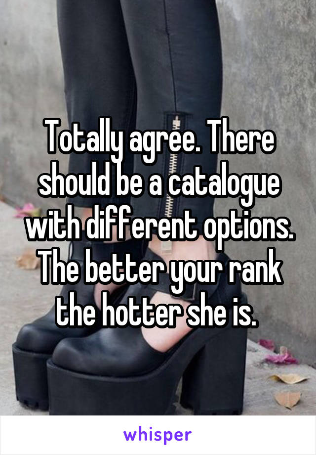 Totally agree. There should be a catalogue with different options. The better your rank the hotter she is. 