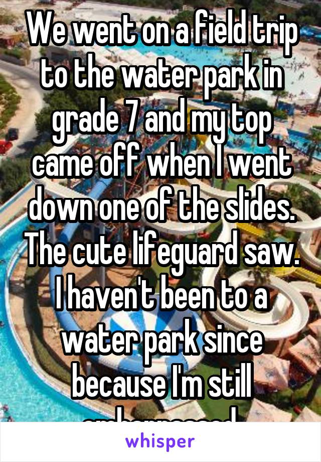 We went on a field trip to the water park in grade 7 and my top came off when I went down one of the slides. The cute lifeguard saw. I haven't been to a water park since because I'm still embarrassed.