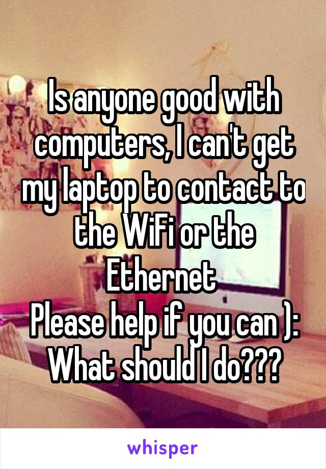 Is anyone good with computers, I can't get my laptop to contact to the WiFi or the Ethernet 
Please help if you can ):
What should I do???