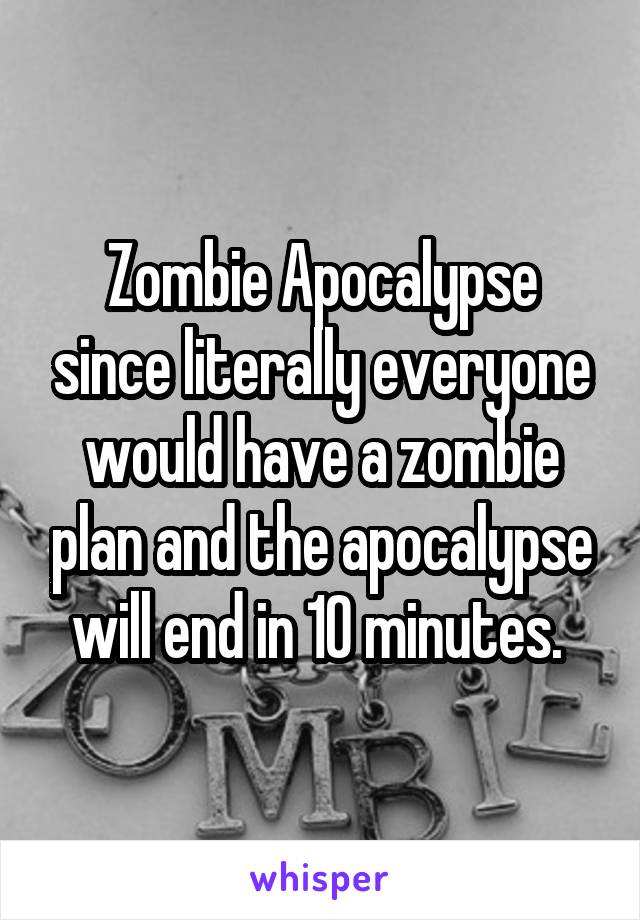 Zombie Apocalypse since literally everyone would have a zombie plan and the apocalypse will end in 10 minutes. 