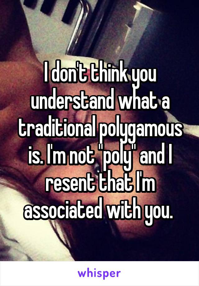 I don't think you understand what a traditional polygamous is. I'm not "poly" and I resent that I'm associated with you. 