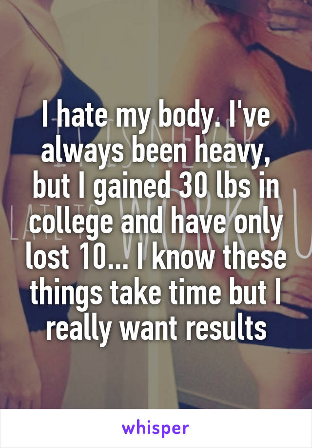 I hate my body. I've always been heavy, but I gained 30 lbs in college and have only lost 10... I know these things take time but I really want results