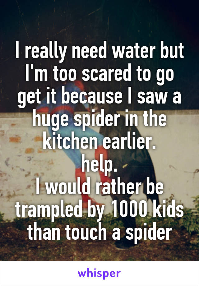 I really need water but I'm too scared to go get it because I saw a huge spider in the kitchen earlier.
help.
I would rather be trampled by 1000 kids than touch a spider