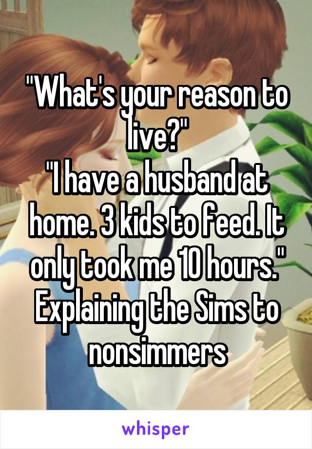 "What's your reason to live?"
"I have a husband at home. 3 kids to feed. It only took me 10 hours."
Explaining the Sims to nonsimmers