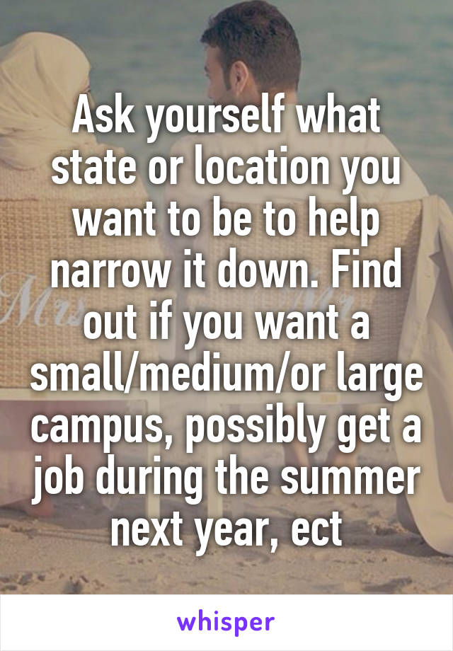 Ask yourself what state or location you want to be to help narrow it down. Find out if you want a small/medium/or large campus, possibly get a job during the summer next year, ect