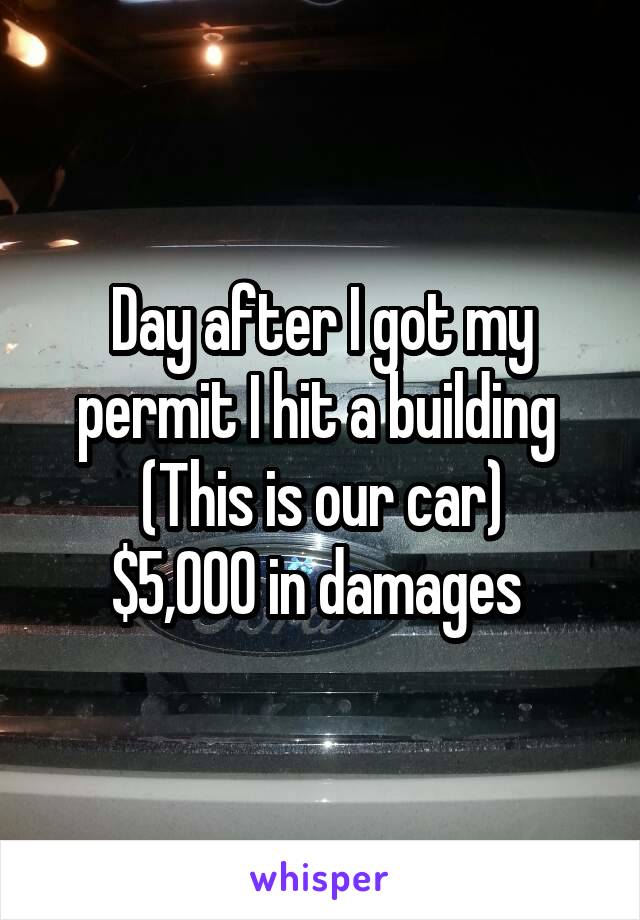 Day after I got my permit I hit a building 
(This is our car)
$5,000 in damages 