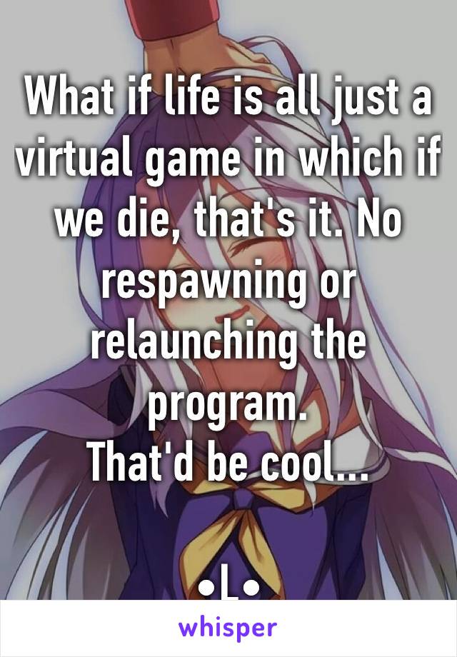 What if life is all just a virtual game in which if we die, that's it. No respawning or relaunching the program.
That'd be cool...

•L•