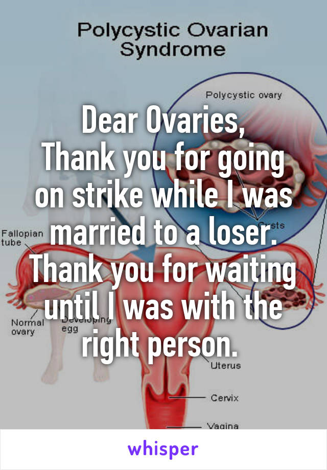 Dear Ovaries,
Thank you for going on strike while I was married to a loser. Thank you for waiting until I was with the right person. 