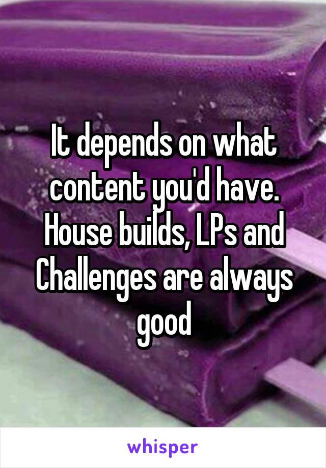 It depends on what content you'd have. House builds, LPs and Challenges are always good