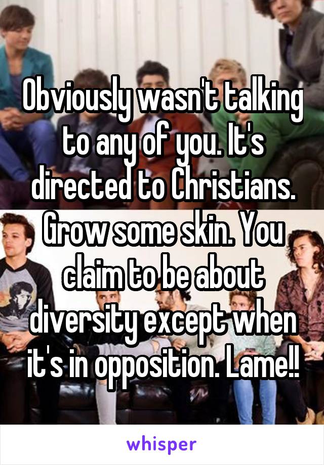 Obviously wasn't talking to any of you. It's directed to Christians. Grow some skin. You claim to be about diversity except when it's in opposition. Lame!!